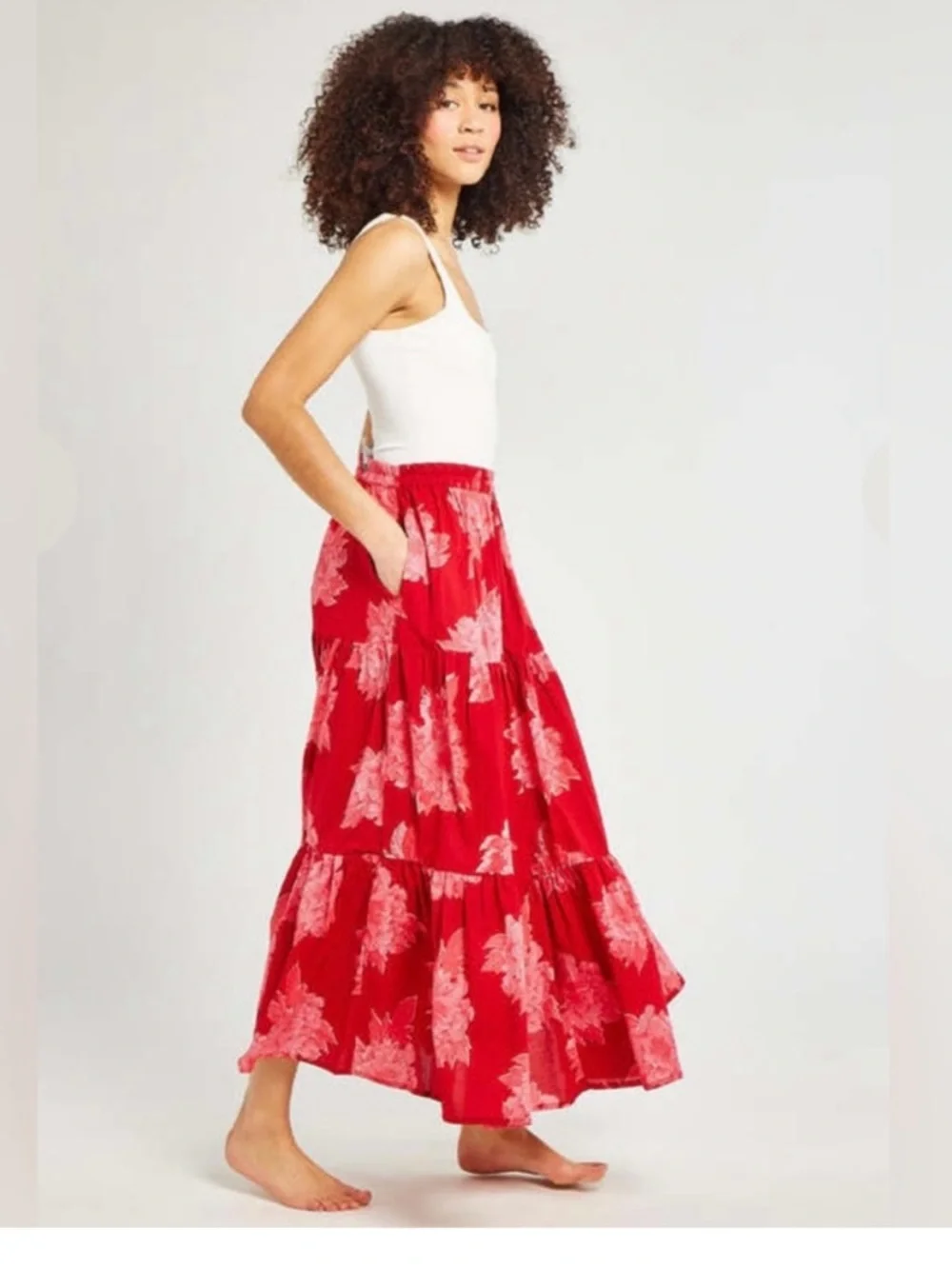 NWT Mille Anthropologie Paola Ruffle Maxi Skirt in Red Floral size Small - Picture 8 of 13